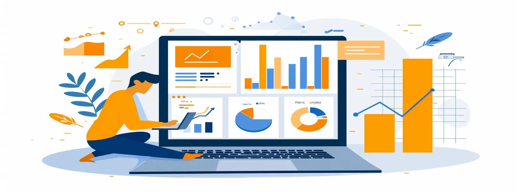 a contractor analyzing a detailed local seo data report on a laptop, surrounded by charts and graphs, making adjustments to their online marketing strategies.