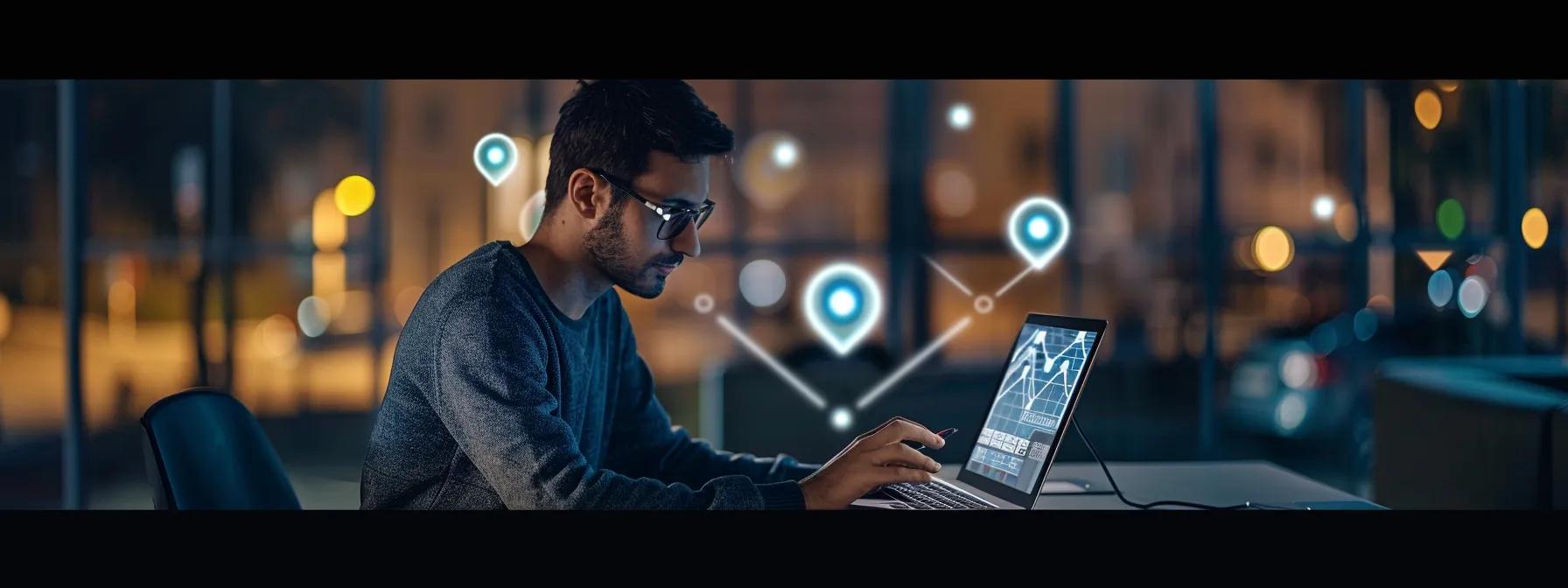 a contractor working on a laptop at a desk surrounded by location-specific service pages, emphasizing the importance of optimizing their website for local searches.