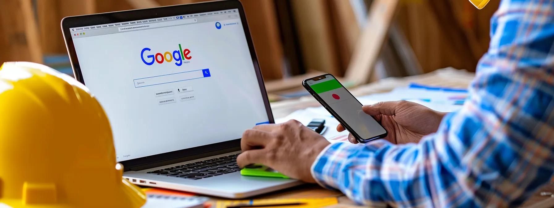 a contractor updating their google business profile with a laptop and phone, surrounded by positive customer reviews, showcasing their dedication to enhancing their online presence through local listings.