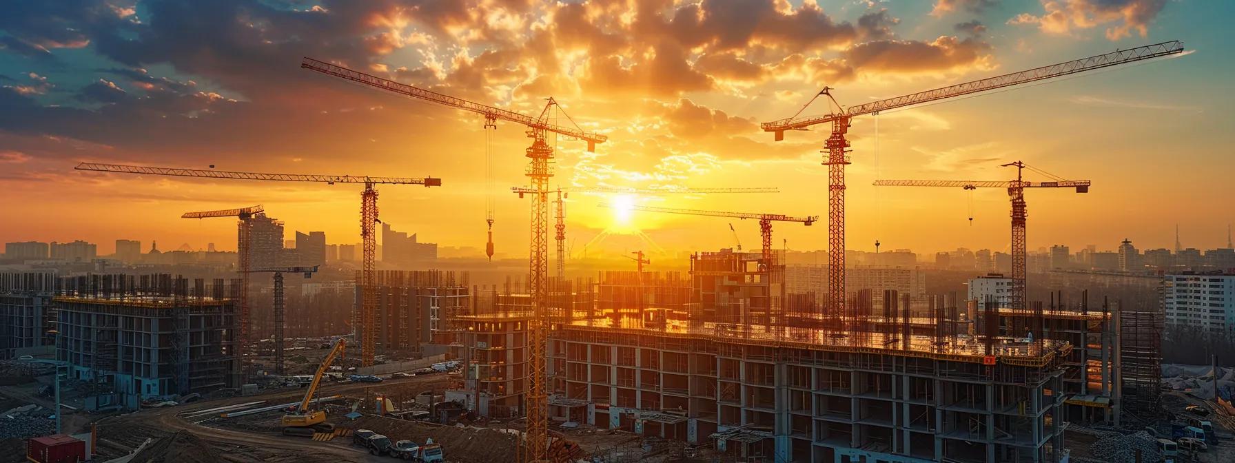 a vibrant and engaging photo of a bustling construction site under the golden glow of a setting sun, highlighting workers in action alongside newly completed projects, symbolizing the visual impact and performance analysis essential for attracting clients on google my business.