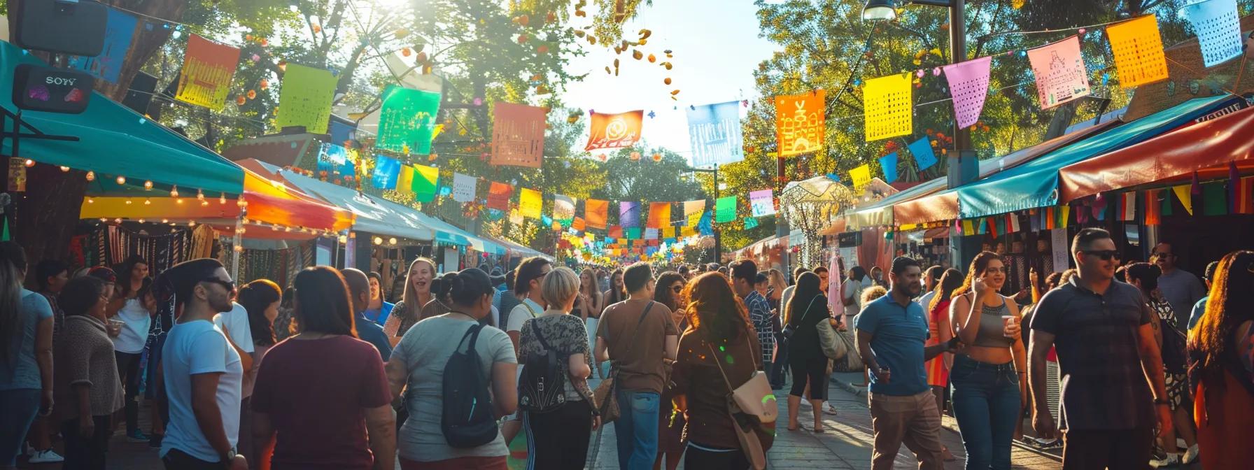 a vibrant scene captures a diverse group of customers joyfully sharing their photos at a lively outdoor event, with colorful banners and engaging visuals in the background, symbolizing community connection and collaboration.