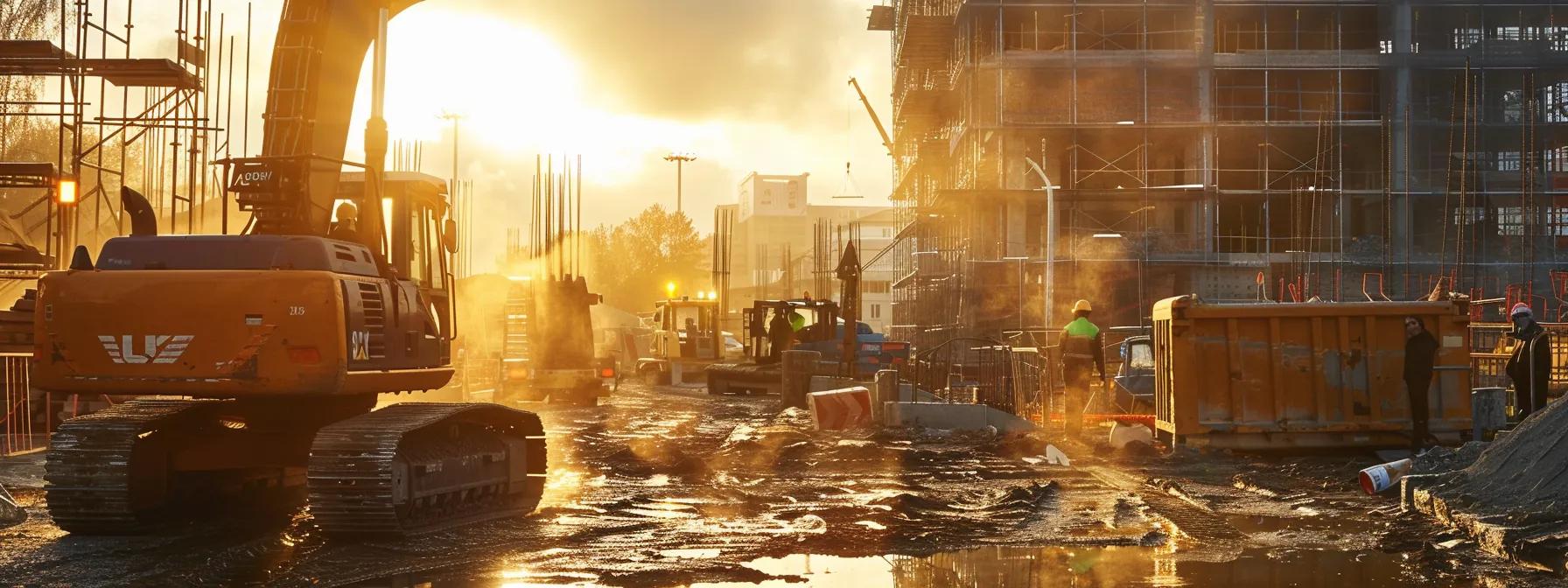 a vibrant, sunlit construction site showcases a skilled contractor overseeing a team, surrounded by impressive machinery and materials, emphasizing the professionalism and expertise that attract potential clients.