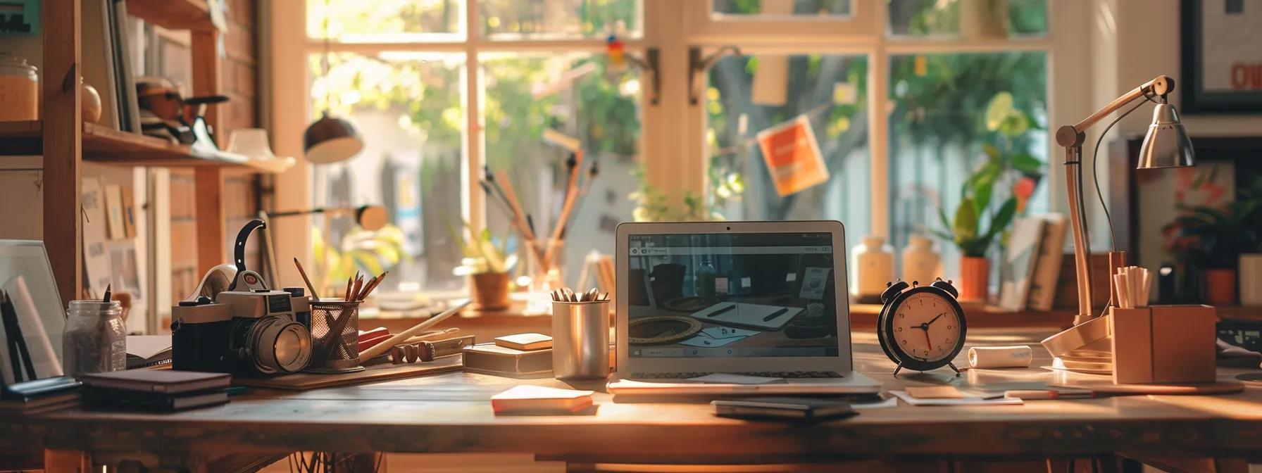 a vibrant, sunlit workspace filled with construction tools and materials, showcasing a contractor's google my business profile displayed on a laptop screen, symbolizing the optimization of local seo through impactful imagery and strategic geotagging.