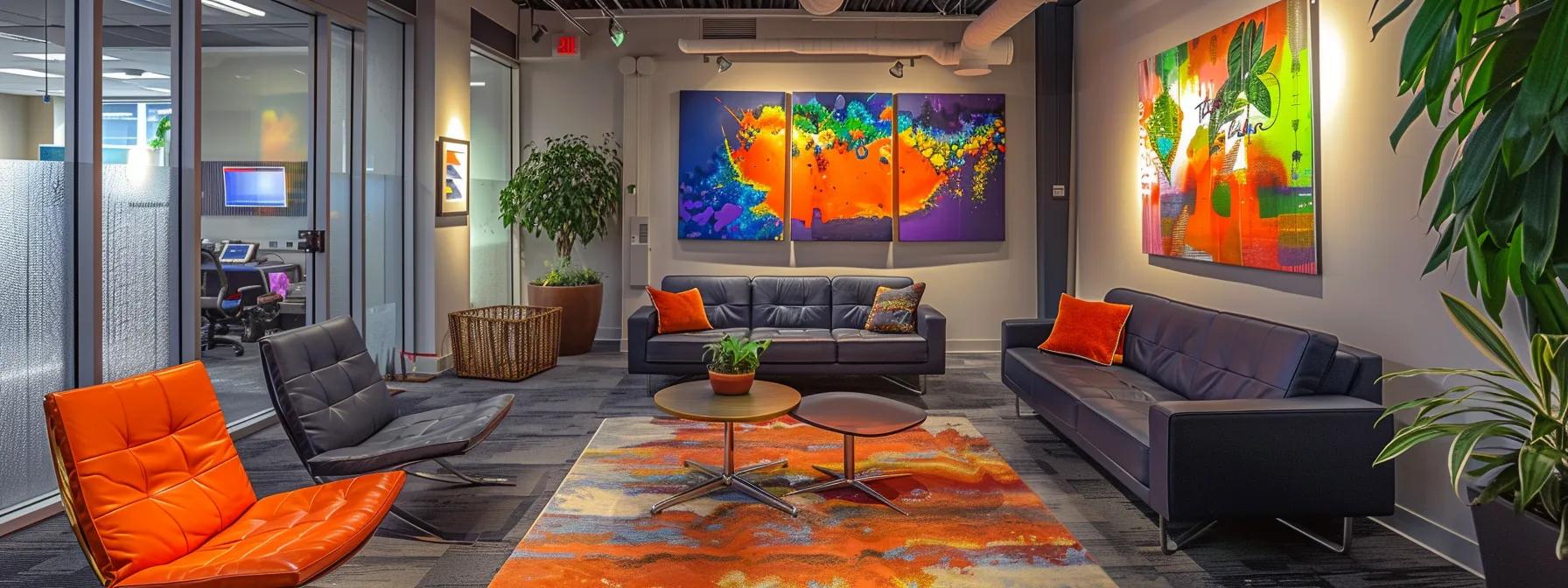 a visually striking office space filled with vibrant, contemporary artwork and sleek design elements, symbolizing the dynamic and professional image essential for maximizing visibility on google my business.