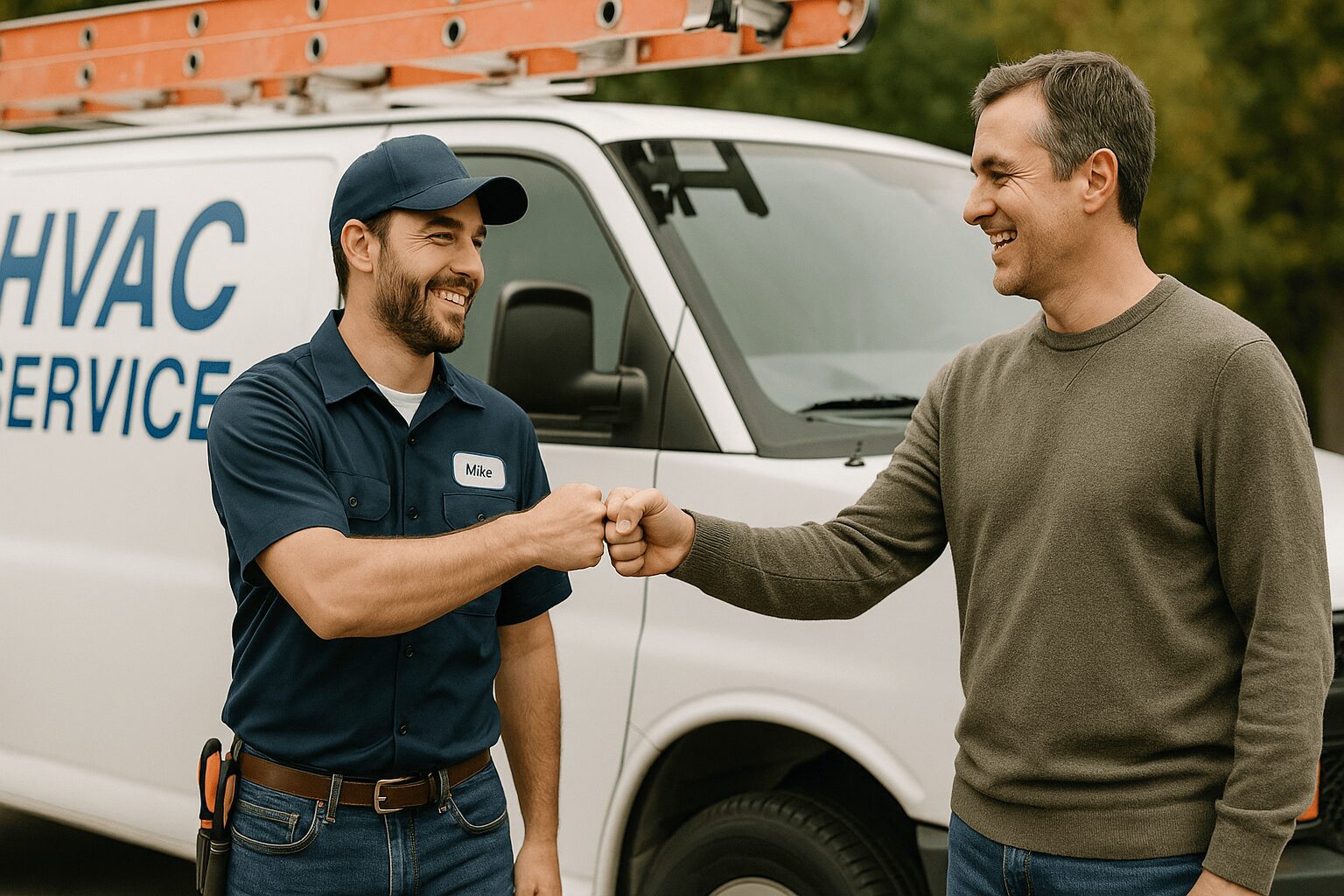 hvac owner fist bumps a homeowner in front of his work truck